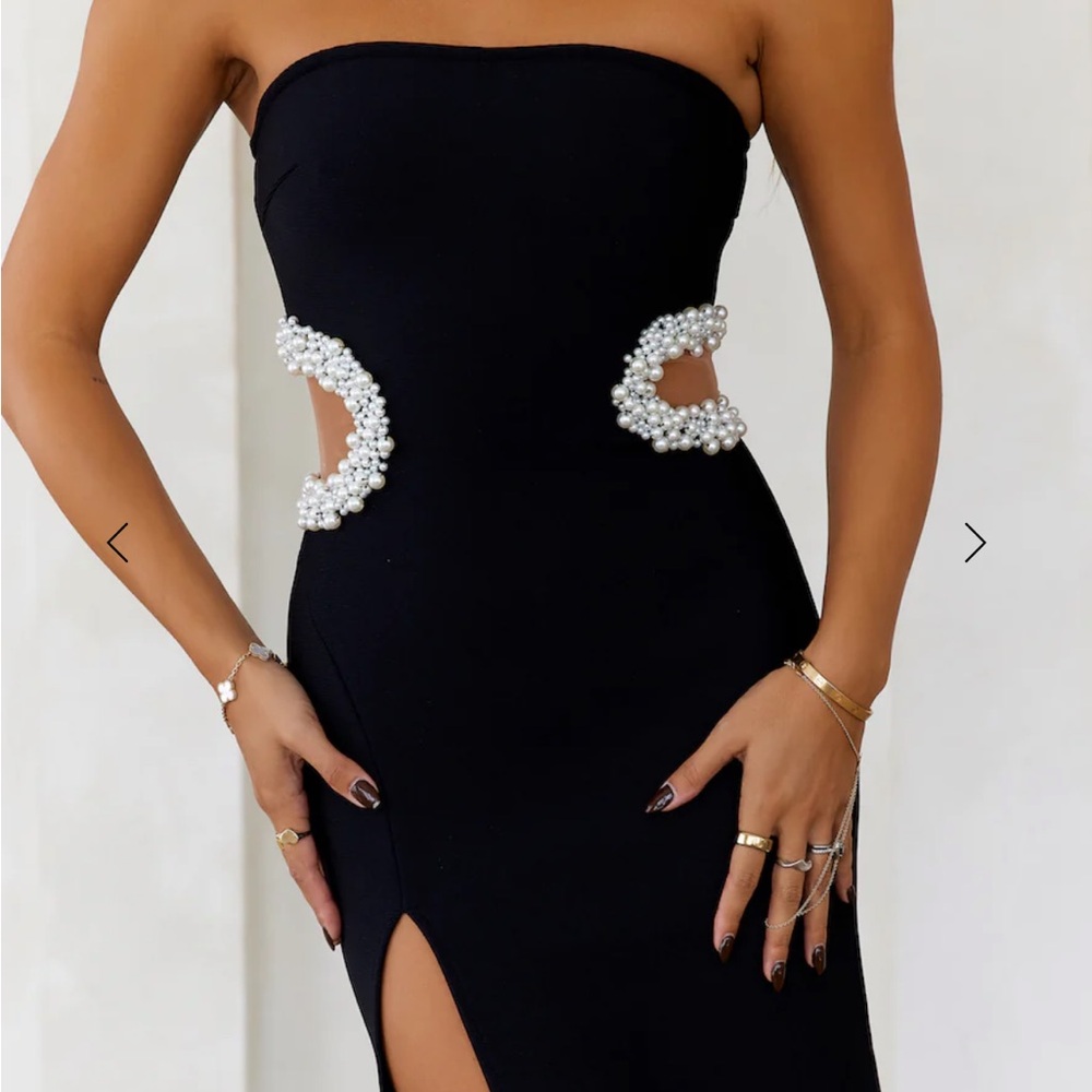 Hello Molly Black Midi Dress with Pearl Accents